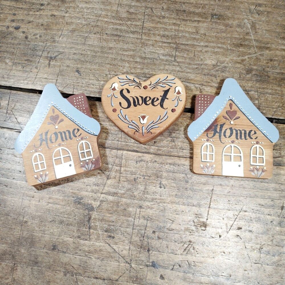 3 Piece Vintage Home Interiors Wood Home Sweet Home Wall Hanging Folk Art